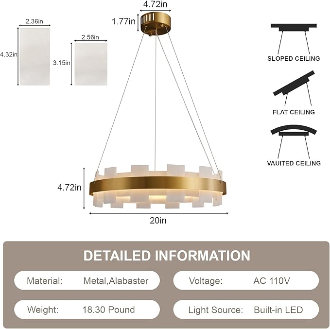 20" Natural Spanish Alabaster Round Chandelier, Adjustable Large Chandeliers for Living Room Over Table, Modern Luxury Alabaster Stone Chandelier for Drawing Room, Bedroom, Hallway, Foyer