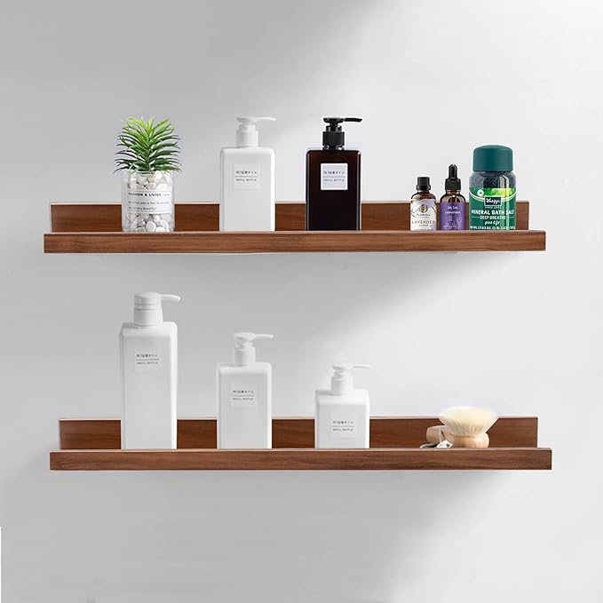 AZSKY Floating Nursery Book Shelves Light Fair Pale Walnut Rustic Picture Photo Ledge Shelves Wall Mounted Wooden Display Shelf for Bathroom Bedroom Kitchen 24 Inch Wall Shelves a Set of 2