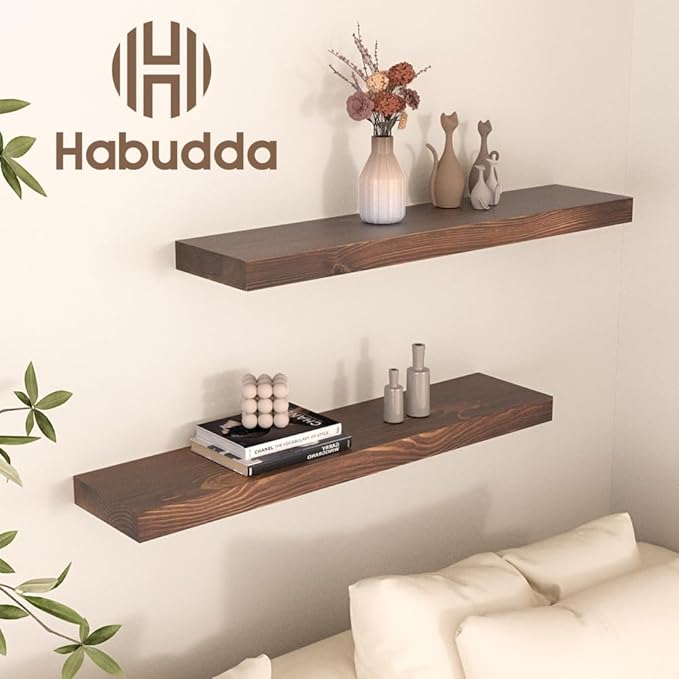 Habudda Floating Shelves Set of 2, Natural Pine Wood Shelf for Bathroom Bedroom Kitchen, 30 inch Long, Rustic Decor, Walnut