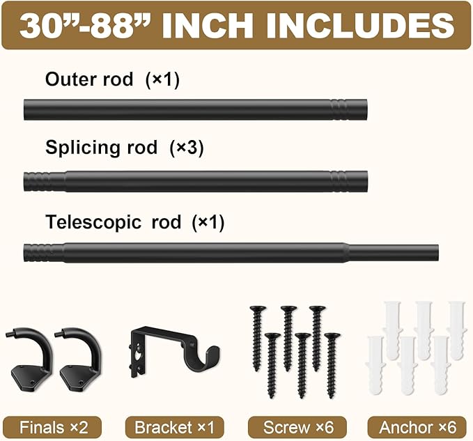 GXOACKJ Black Curtain Rods for Windows 48 to 84 inch, 5/8 inch Adjustable Wrap - Image 5