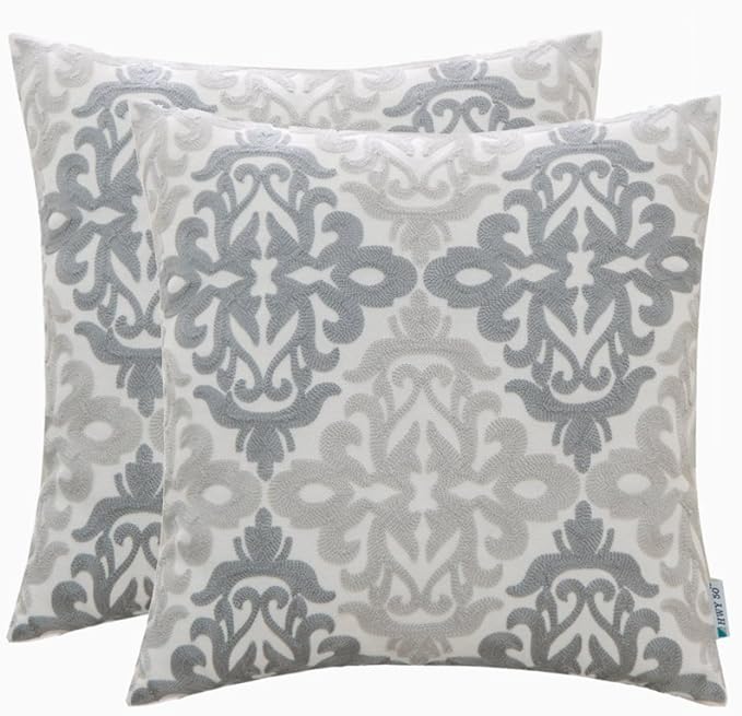 HWY 50 Gray Grey Decorative Throw Pillow Covers 18x18 Inch, Pack of 2 Embroidered Linen Farmhouse Cushion Cover Pillow Case for Sofa Couch Living Room Bed Bedroon, Accent Geometric
