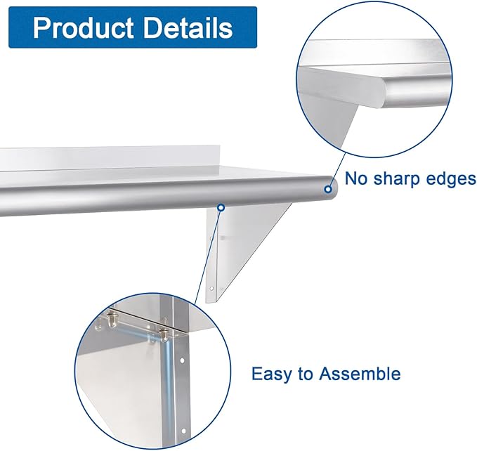 HARDURA Stainless Steel Shelf 12" x 60", 290lb Commercial Shelves Wall Mount Metal Shelving with Backsplash and Brackets for Kitchen, Restaurant, Laundry Room and Home