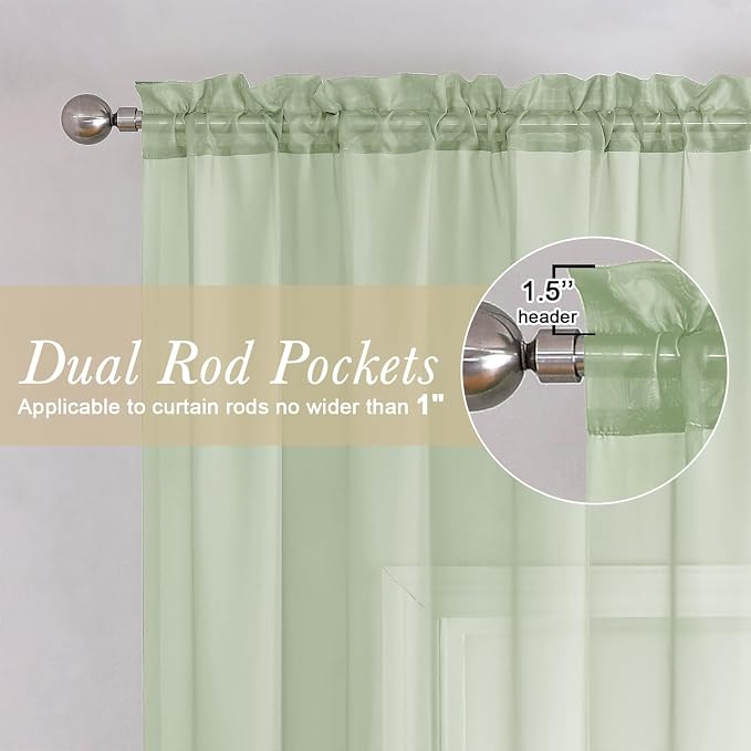 Light Green Sheer Curtains 63 Inch Length 2 Panels Set, Elegant Voile Curtains - Image 2