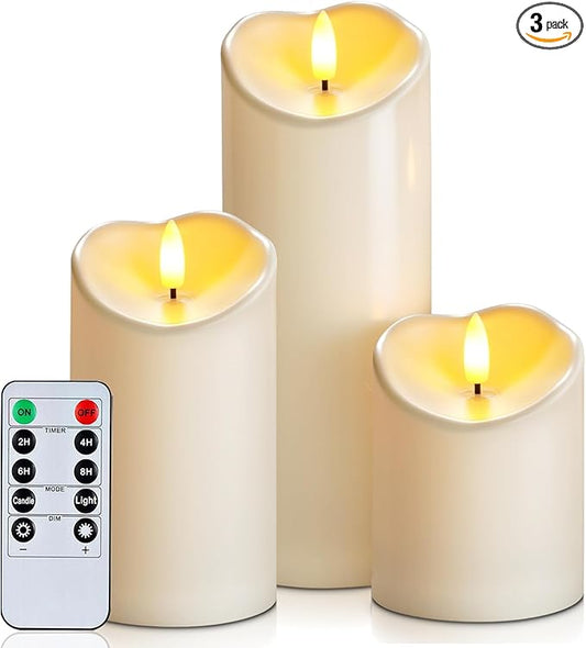 Homemory Flameless Candles with Timer and Remote Control, Battery Operated LED Candles, Realistic Fake Plastic Candles for Wedding, Festival, Home Decor, Waterproof Outdoor, D3”H4”6”8”