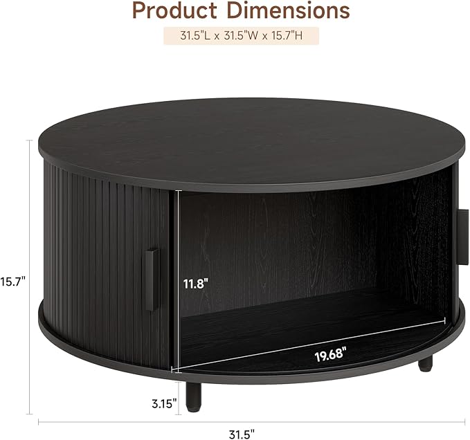 Round Coffee Table with Storage, 31.5" Modern Coffee Table with 360° Curved Sliding Door, Fluted Wood Accent Coffee Table with Adjustable Footpads, Round Center Table for Living Room, Black
