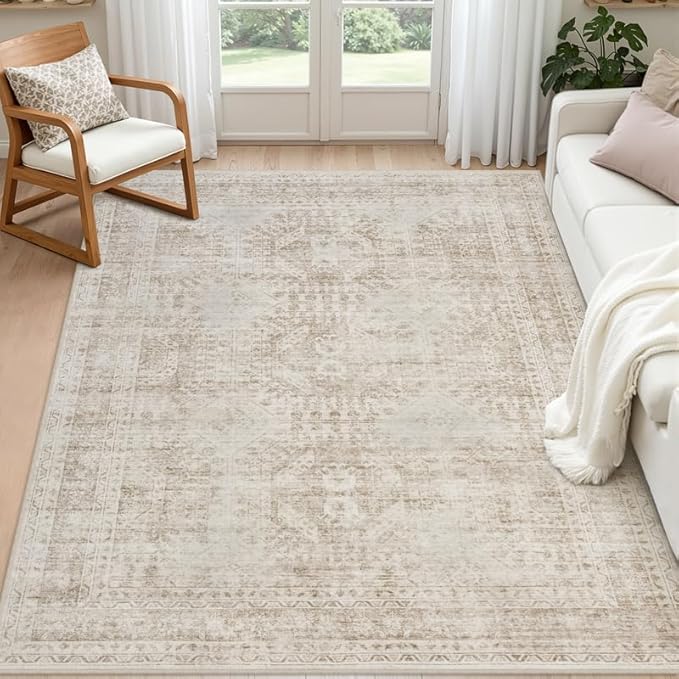 4x6 Area Rugs Living Room: Bedroom Neutral Washable Carpet Brown | Vintage Boho by Luxturiy