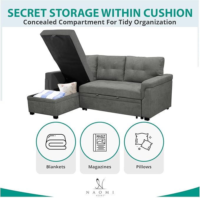 Naomi Home L-Shaped Reversible Sectional Sofa with Pull-Out Sleeper Bed and Storage Chaise, Gray Velvet
