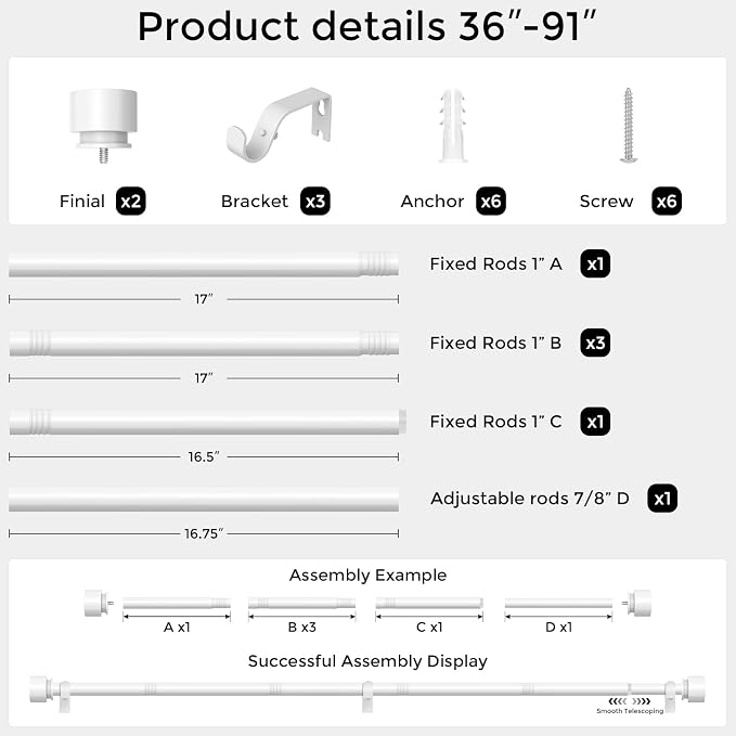 Modern White Curtain Rods for Windows 48 to 84 Inch, Decorative Drapery Rods - Image 5