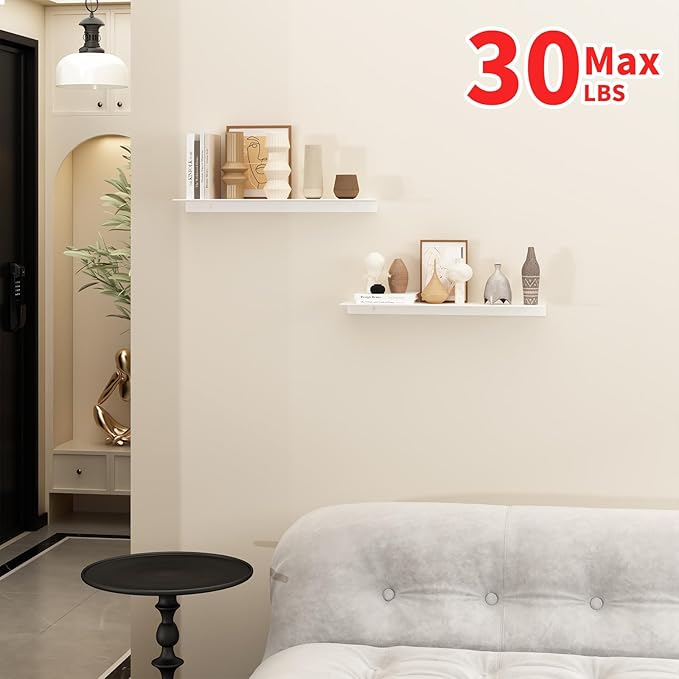 JOOM White Floating Shelves for Wall Storage, Metal Wall Shelves for Living Room, Bathroom, Kitchen, 20” Long Display Shelves for Collectibles(2 PCS)