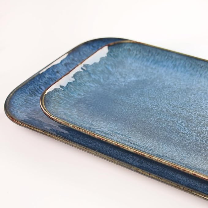 Porcelain Dinner Plates Blue 2 PCS, Serving platters for entertaining, for Fruit, cheese, snack, Bread, cupcake, Salad - Scratch Resistant durable, Microwave, Dishwasher Safe