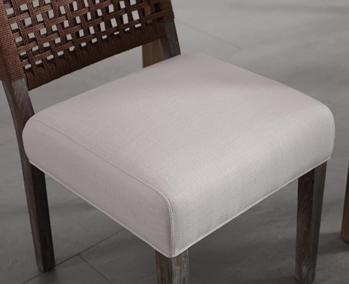 Kmax Farmhouse Dining Chairs Set of 6, Rustic Kitchen Chairs with Linen Fabric Seat and Woven Back, Vintage Accent Chairs for Dining Room, Living Room, Beige