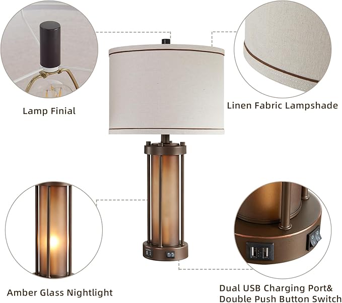 Set of 2 Farmhouse Table Lamps for Living Room with 2 USB Charging Ports, Vintage Rustic Nightstand Lamps with Amber Glass Nightlight, Retro Desk Lamps for Bedroom Entryway, 4 Bulbs Included (Brown)