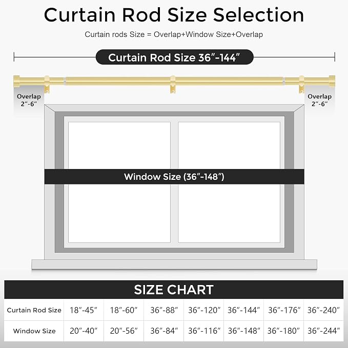 VOIIY Gold Curtain Rods for Windows 72 to 144 Inch, Size:36-144 Inch - Image 5