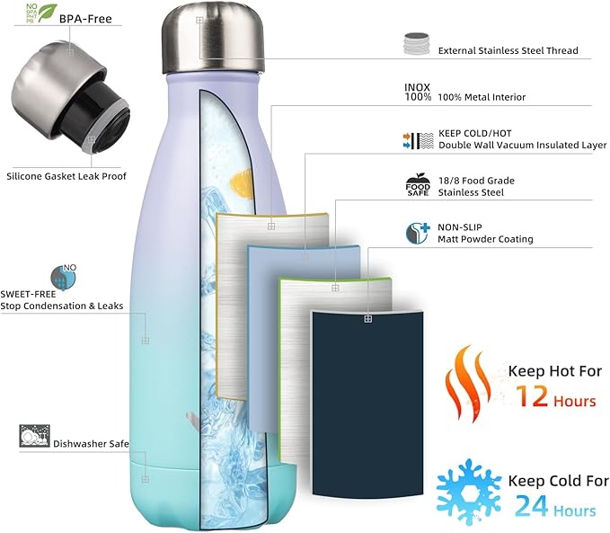 Insulated Water Bottles,12 oz Double Wall Stainless Steel Vacumm Metal Flask for Sports Travel,Lavender Green