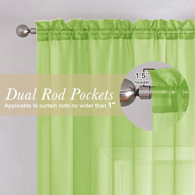 Lime Sheer Curtains for Living Room 90 Inches Long 2 Panels, Solid Color Voile - Image 5