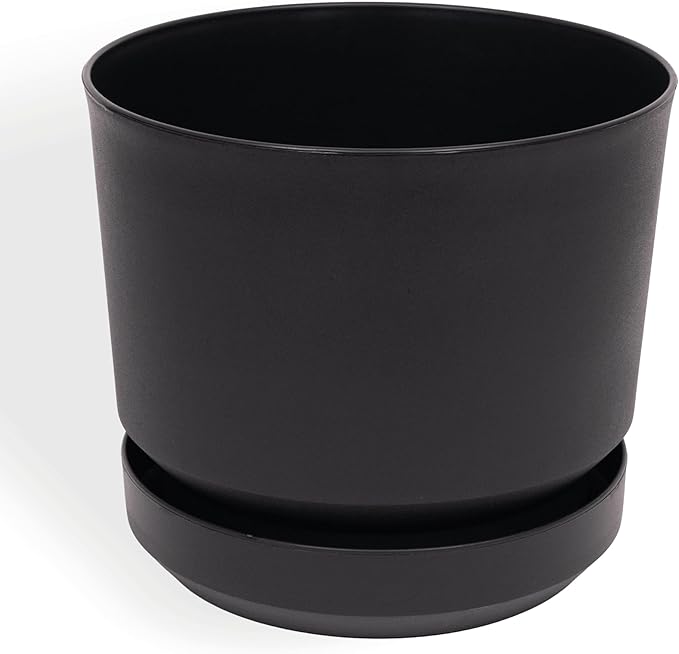 Elly Décor 14 inch Plastic Cylinder Planter Pot with Self-Watering Saucer and Drainage Hole,Lightweight & Extremely Durable, 14"x 14", Charcoal