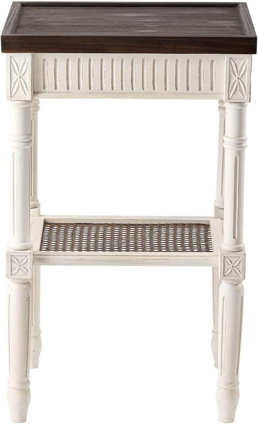 Rustic Farmhouse Cottagecore Accent End Table, Distressed Accent Side Table with Espresso Tray Top and Woven Wicker Shelf, Boho, French Country Decor, Square, Weathered Brown & White