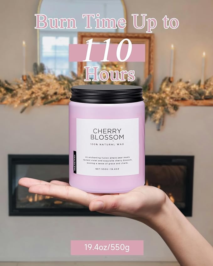 M&SENSE Cherry Blossom Scented Spring Candle, 19.4oz 110 Hours Long Lasting Natural Soy Wax Stress Relief Aromatherapy Romantic Candle for Women & Bedroom Decor