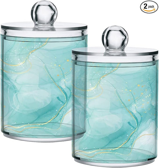 2 Pack Qtip Holder Dispenser Turquoise Marble Bathroom Storage Canister Lid Acrylic Plastic Apothecary Jar Set Vanity Makeup Organizer for Cotton Swabs/Pads/Floss