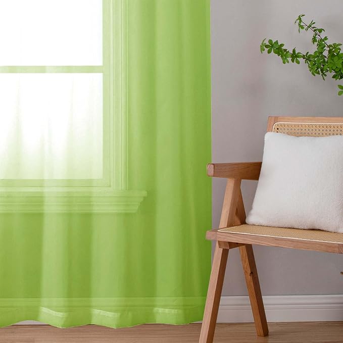 Lime Sheer Curtains for Living Room 54 Inch Length 2 Pcs, Solid Color Voile Rod - Image 7