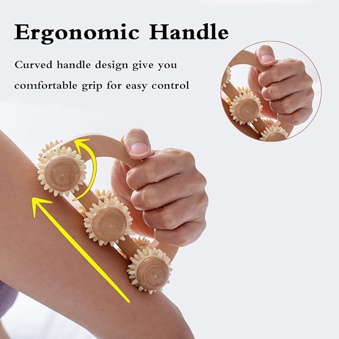 Handheld Massage Roller for Sore Muscle, Wood Therapy Massage Tools for Body, Wooden Fascia Roller for Deep Tissue, Lymphatic Drainage Massager for Legs/Thighs/Butt