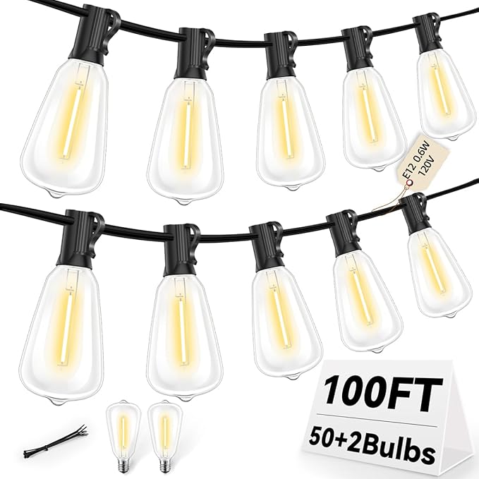 ST38 100FT LED Outdoor String Lights with 50 Shatterproof ST38 Bulbs+2 Spares, 2700K Warm White – for Backyard, Patio, Garden, Wedding, Party, Christmas, Porch, Deck, Gazebo, Bistro, Camping Decor
