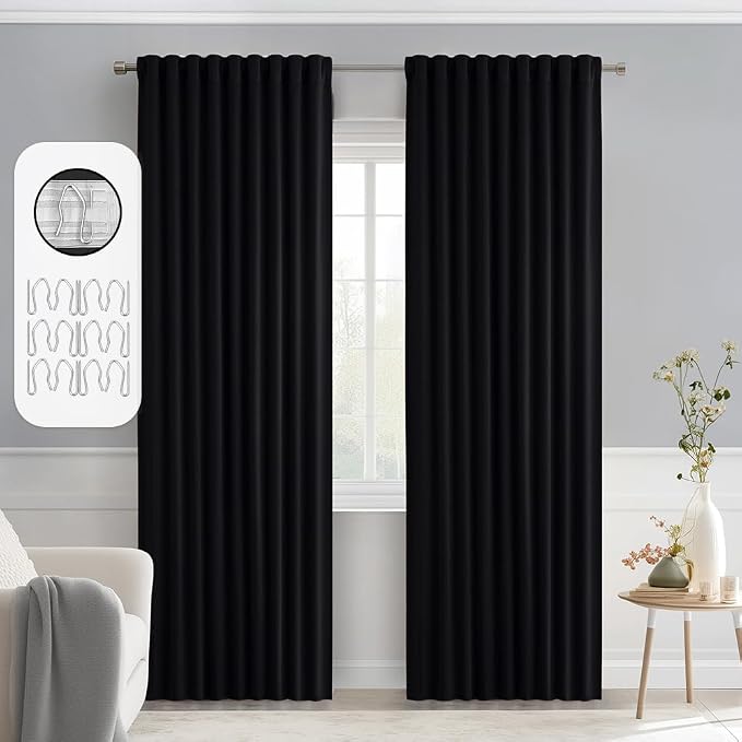 MIULEE Black Back Tab Blackout Curtains 52x90 Inch Long 2 Panels Set | Rod by MIULEE
