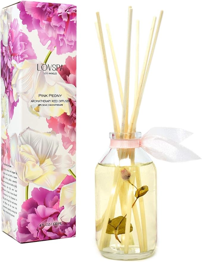 LOVSPA Reed Diffuser Set, Pink Peony Scented Oil Diffuser with Sticks, Home Fragrance Accessories for Bathroom Shelf Decor, Aroma Diffusers for Home or Office Desk, USA Made