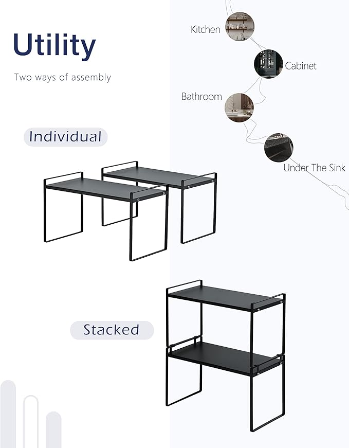 Nxconsu 2Pack Cabinet Shelves Stackable Shelf Organizer Rack Riser for Kitchen Cabinet Pantry Cupboard Counter Countertop Home Organization Storage Space Saver Heavy Duty Metal Nonslip Black Wide Tall