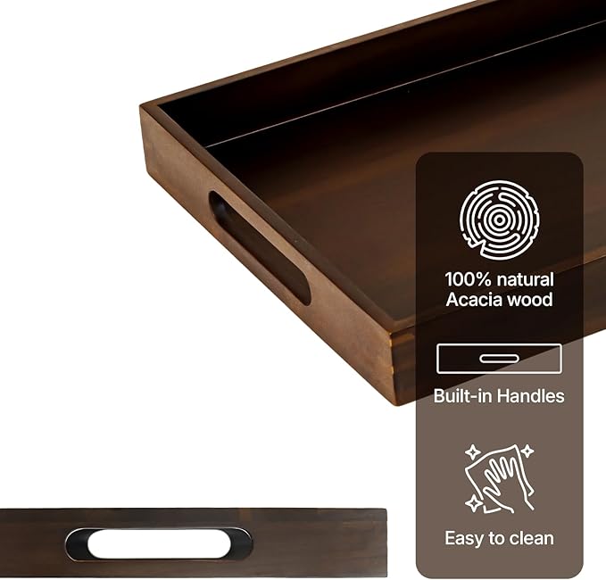 Koppen Acacia Wood Serving Tray with Handles, 17" x 13.86", Large Wooden Platter for Breakfast, Ottoman Tray for Party, Snacks, Fruit, Coffee Table, Living Room, Sofa, Bed, Outdoor