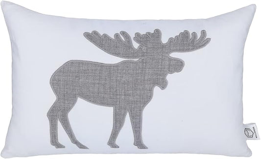 Lumbar Pillow Covers 12x20 Inches Moose Decorative Cotton Linen Throw Lumbar Waist Embroidered Cushions Covers for Couch Sofa Bedroom (White)