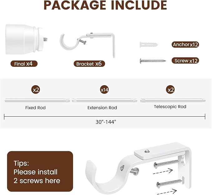 1” Diameter Curtain Rods Itself is 30 to 144 inch 2 Pack Fit 30-142 inch - Image 3
