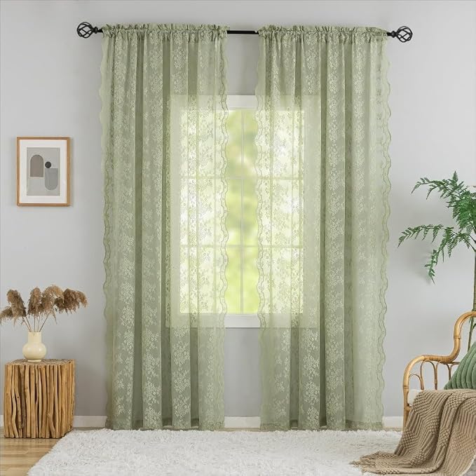 YJ YANJUN Vintage Lace Curtains 90 Inches Long-Victorian Floral Pattern Sage - Image 2