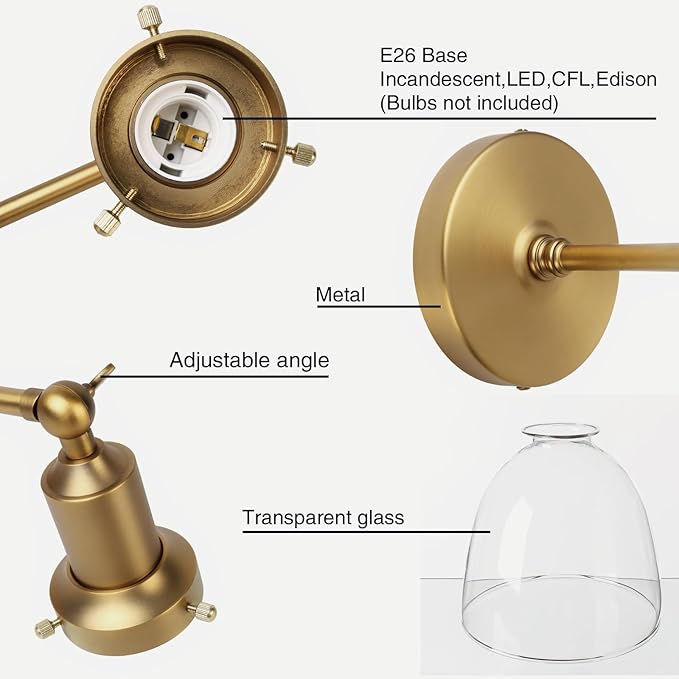 PERMO Industrial Vintage Slope Pole Wall Mount Single Sconce with 6.7" Oval Dome Clear Glass Shade Wall Sconce Light Fixture (Antique Gold)