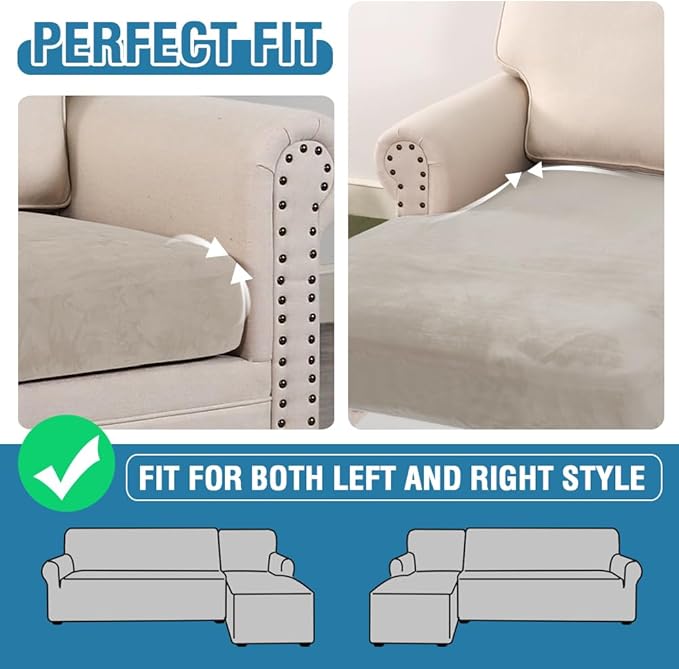 H.VERSAILTEX Velvet Stretch Sectional Couch Covers 4 Pieces Sofa Seat Cushion Covers L Shape Separate Cushion Couch Chaise Cover for Both Left/Right Couch (Large Sofa 3 Seater + 1 Chaise, Oatmeal)