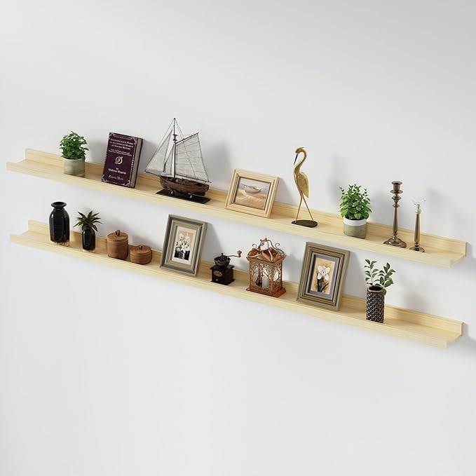 SAUMONIERES Picture Ledge Shelf Floating Book Shelves Set of 2 Wall Mounted Solid Wood for Bedroom Bathroom Living Room Kitchen, 72 Inch Natural
