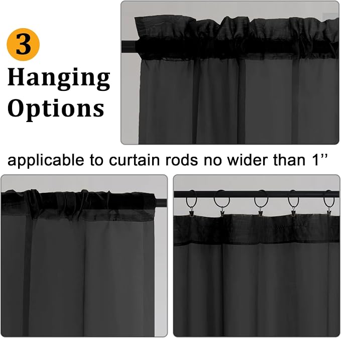Gwine Black Sheer Curtains 72 Inches Long 2 Panels, Light Filtering Sheer - Image 4
