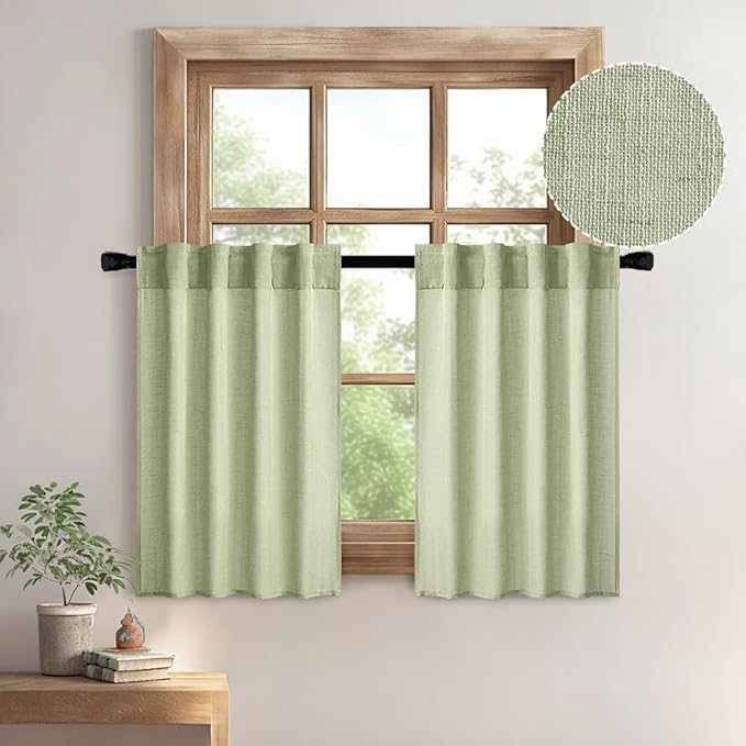 MIULEE Sage Green Kitchen Curtains 24 Inch Length 2 Panels, Soft Thick Linen by MIULEE