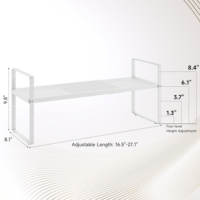 Hole Pattern Expandable Shelf Organizer,1Pack 8.1" Wide Easy to Assemble Cabinet Organizer Shelf, 16.5~27.1" Adjustable Height&Stackable Spice Organization for Cupboard, White