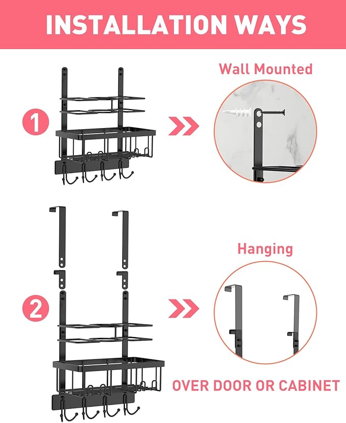 REFLYING Over-the-Door Hairdryer and Styling Tool Organizer, Metal, Black, 3 Compartments, 8 Hooks, 15"H x 10"W x 4.7"D