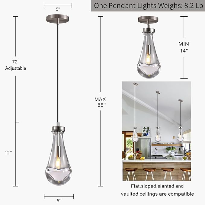Raindrop Pendant Lights Set of 3, Modern Pendant Lights Kitchen Island 3 Pack, Brushed Nickel Island Light, Pendant Light for Bedroom Bathroom, Chandelier for Living Room Hallway