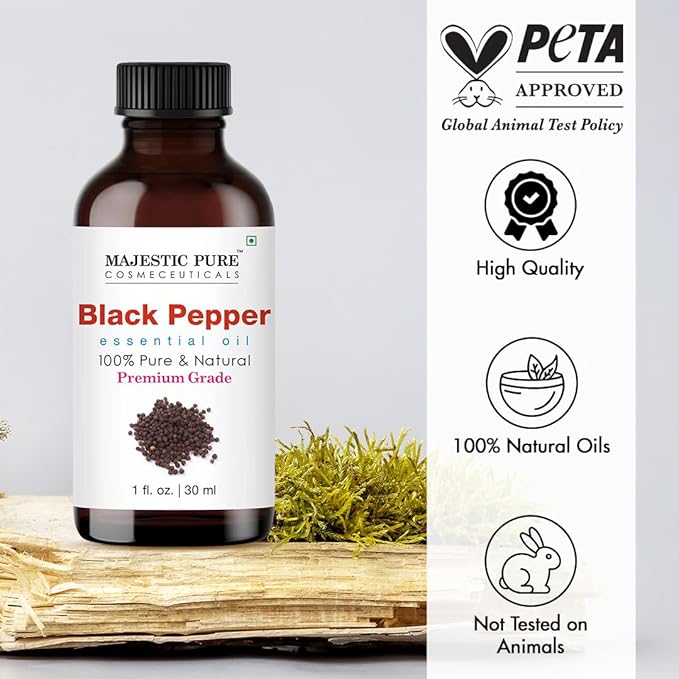 Majestic Pure Black Pepper Essential Oil with Glass Dropper - 1 Fl Oz - 100% Pure and Natural Black Pepper Oil - Premium Grade Essential Oils for Diffuser, Aromatherapy, Soap and Candle Making