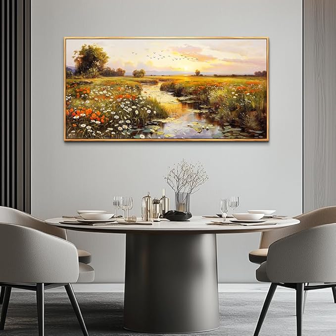 PHAOHUAXM Canvas Wall Art For Living Room Wall Decor For Bedroom Watercolour Painting Office Decoration Countryside Sunrise Scenery Wall Picture Printing Artwork Home Decor Wood Framed 24x48 In