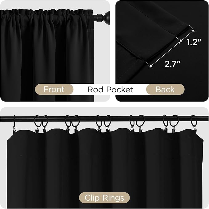CUCRAF Black Blackout Curtains 54 inch Length 2 Panels Set, Rod Pocket Room - Image 3