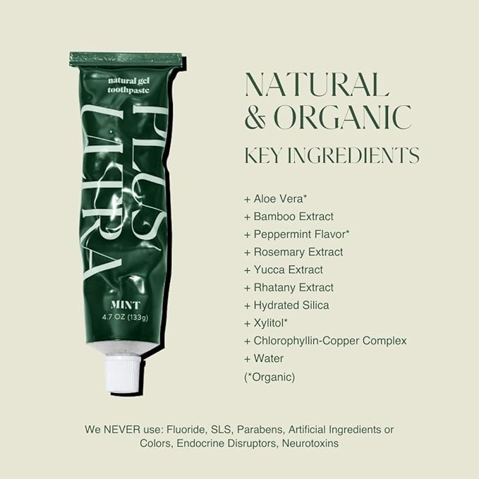 Plus Ultra Organic Fluoride-Free Gel Toothpaste in Aluminum Tube | Eco-Friendly, SLS Free | Made with Aloe, Peppermint, Bamboo Extract | for Sensitivity & Whitening | Made in USA, 4.7oz (Pack of 2)
