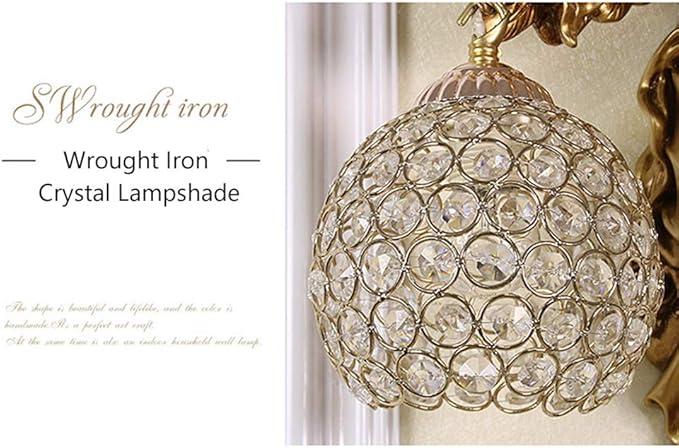 LITFAD Antique Spherical Sconce Light Decorated Bedside Lamp Clear Crystal 1 Light in Gold Wall Light Angel Wall Lamp for Bedroom Living Room Hotel - Left