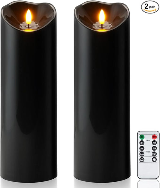 Homemory 4"x12" Black Flameless Candles, Halloween Candles, Outdoor Waterproof Flameless Candles with Remote and Timers, Gothic, Battery Operated LED Pillar Candles, Won't Melt Plastic, 2Pack
