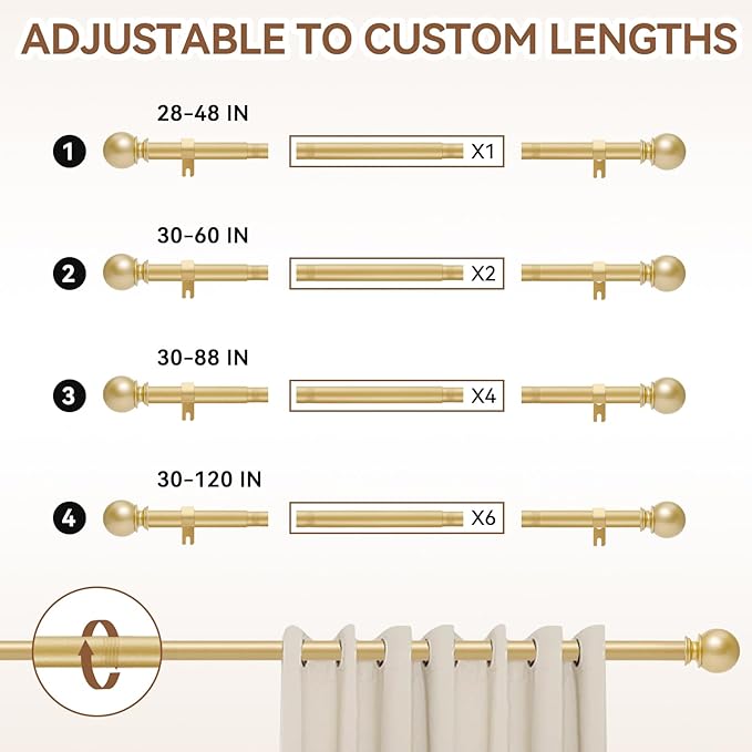Gold Curtain Rod for Windows 48 to 84 or 88 Inch, 5/8 Inch Diameter Adjustable - Image 5