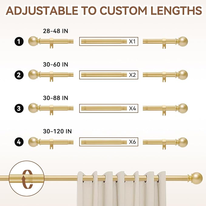 Gold Curtain Rod for Windows 30 to 60 Inch, 2 Pack 5/8 Inch Diameter Adjustable - Image 5
