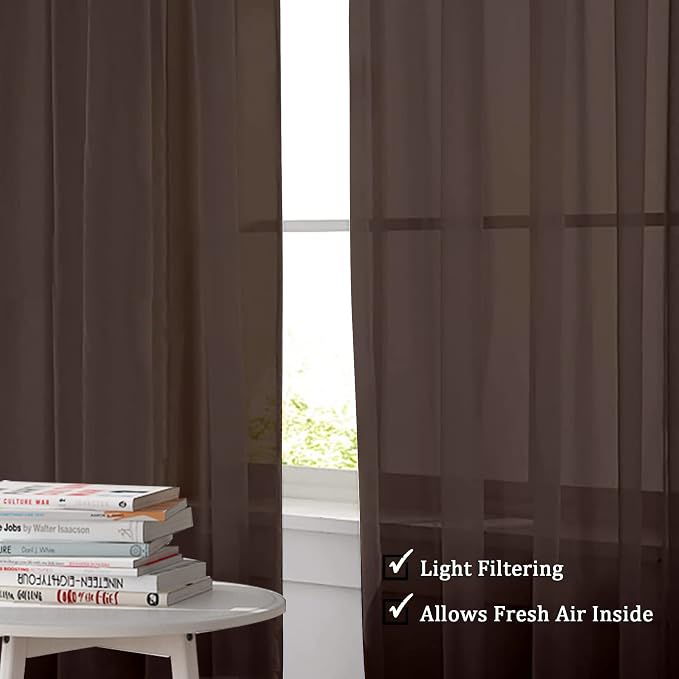 Sheer Chocolate Curtains, Sheer Curtains 84 inch Length 2 Panels Set, Rod - Image 3